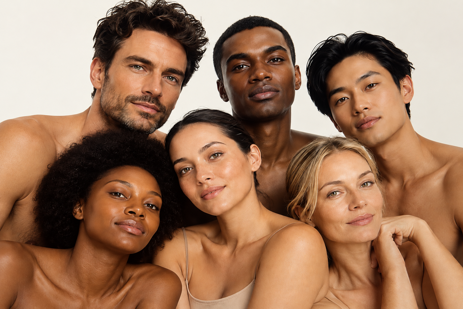 Diverse group of six people showcasing natural skin beauty for DMK South Africa